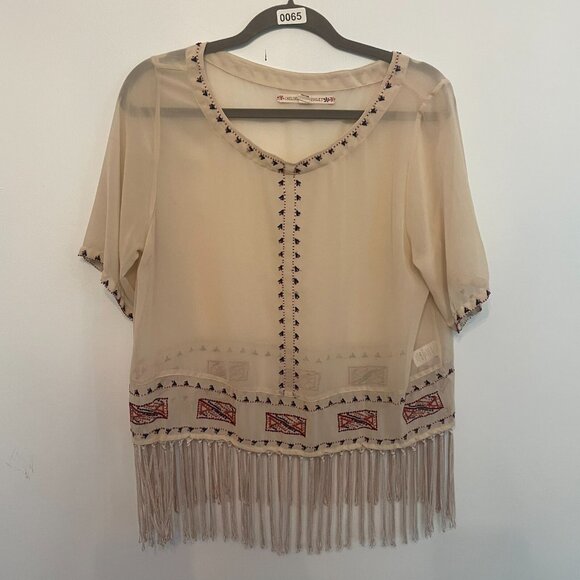 Chelsea & Violet Cream Boho Top Women’s Large Fringe Embroidered Peasant Blouse - Picture 1 of 9